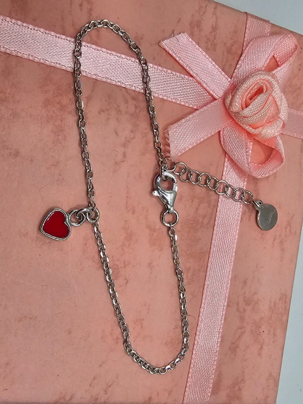 Sterling Silver 925 Rhodium Plated Rolo Link Red Enamel Heart Bracelet - Picture 9 of 15